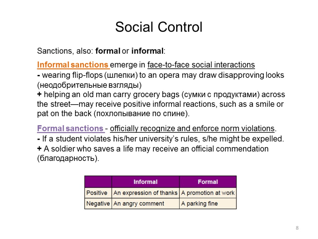 8 Social Control Sanctions, also: formal or informal: Informal sanctions emerge in face-to-face social